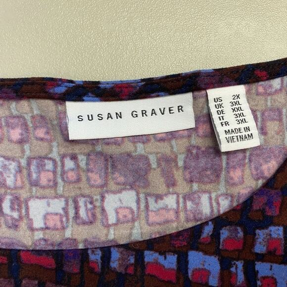 Susan Graver Top 2X Brushed Liquid Knit Purple Abstract Geo Bell Sleeve A343073 - Picture 10 of 11